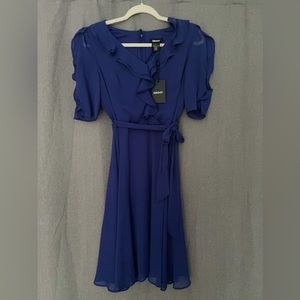 New DKNY royal blue ruffle chiffon dress with tie belt sash size 6